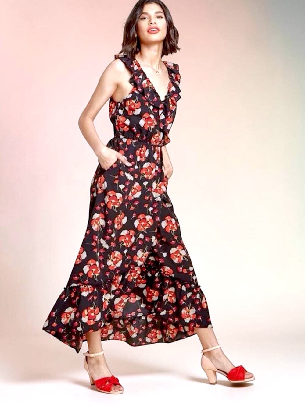 New $198 SCOTCH & SODA Ruffle Faux Wrap Maxi Dress Velvet Botanical Cocktail